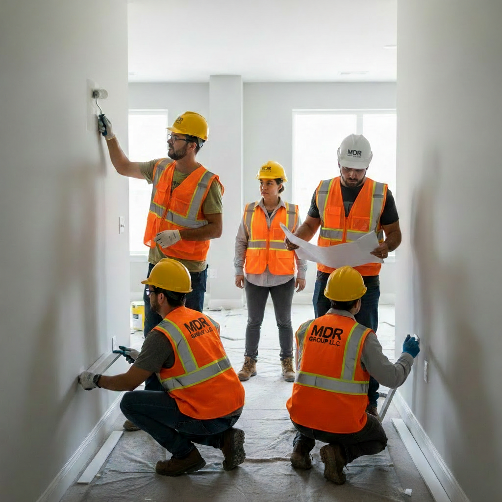 Interior finish work in progress on a multifamily construction project